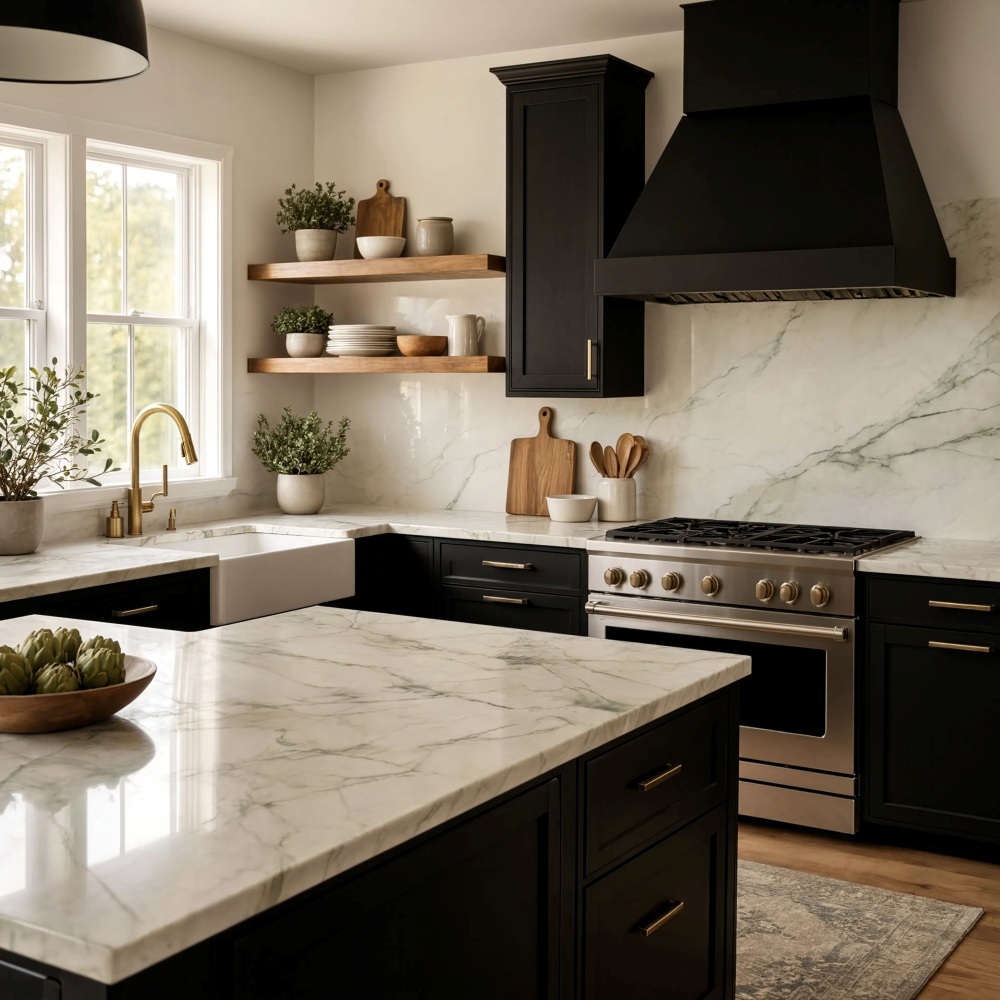 Anaheim kitchen design with black cabinets and a white quartzite slab backsplash.