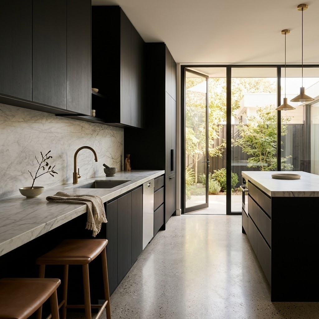 Modern kitchen featuring Calacatta Supreme honed marble countertops in Fairfax.