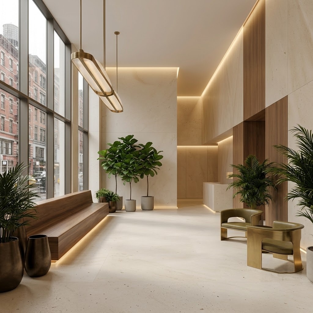 Luxury New York building lobby showcasing Champagne Belmont Honed Limestone Slab flooring.
