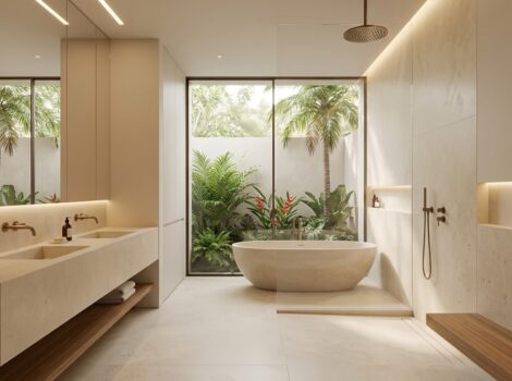 Modern Puerto Rico interior design featuring a luxury bathroom with Champagne Belmont Honed Limestone Slab walls.