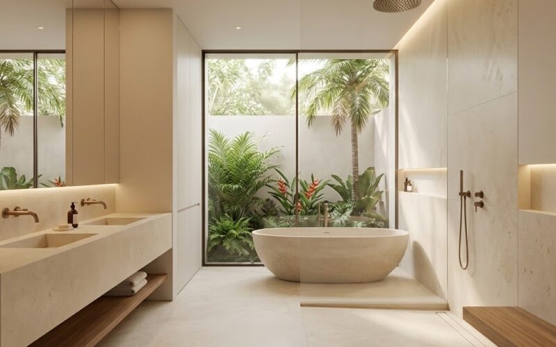 Modern Puerto Rico interior design featuring a luxury bathroom with Champagne Belmont Honed Limestone Slab walls.