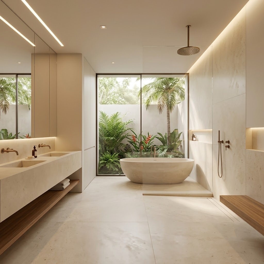 Modern Puerto Rico interior design featuring a luxury bathroom with Champagne Belmont Honed Limestone Slab walls.