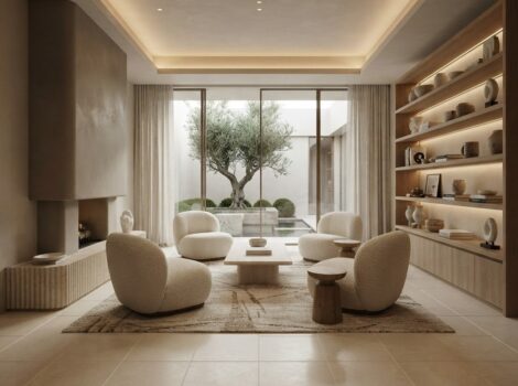 Interiores de diseño natural en Nueva York, con suelos de baldosas de piedra caliza pulida color champán.