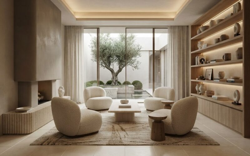 NYC natural design interior showcasing champagne honed limestone tile floors.