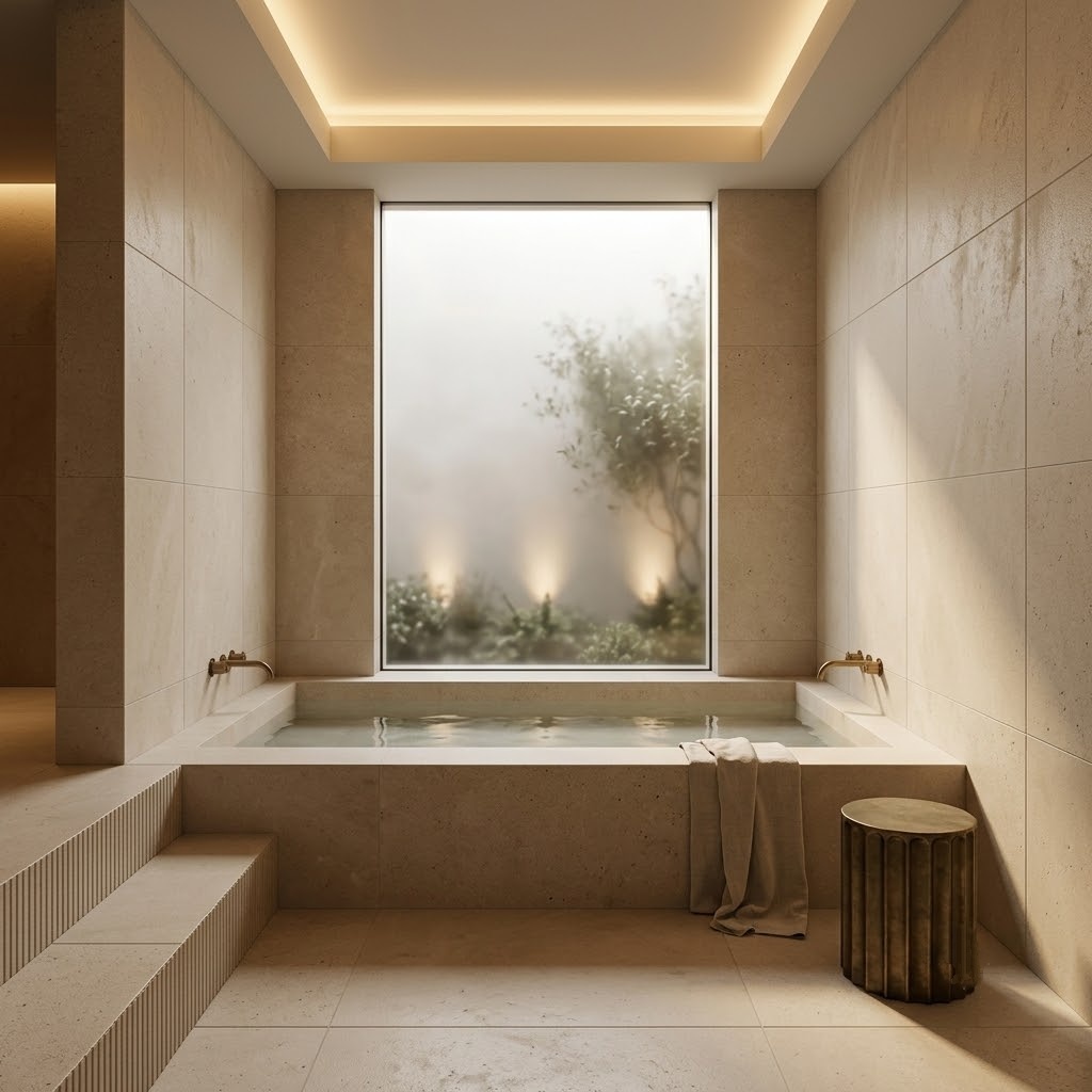 Champagne honed limestone tiles on the floor and walls of a modern spa-like bathroom in an Anaheim home.