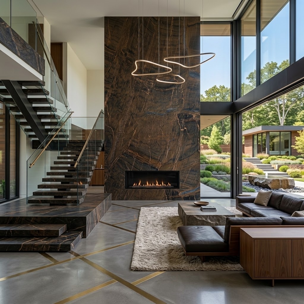 Dark Chivas Leather Quartzite slab fireplace wall in a modern New Jersey home.