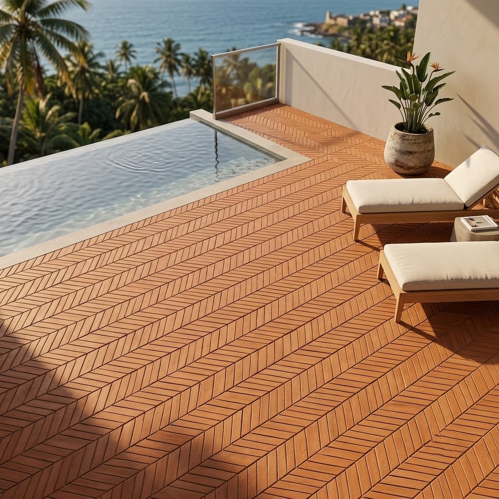 Luxury Puerto Rico patio design featuring Cotto Med Natural chevron terracotta tile flooring.
