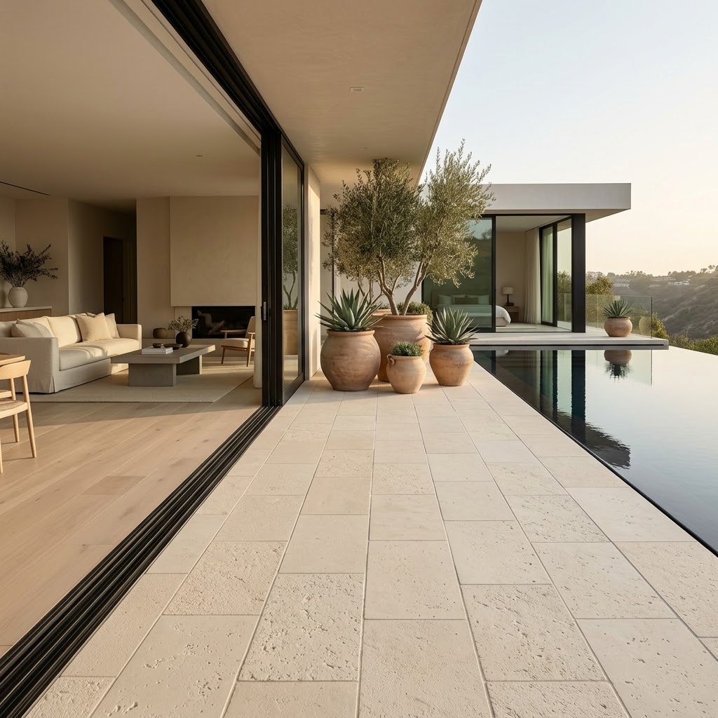 Cream textured limestone tile flooring on a modern luxury patio.