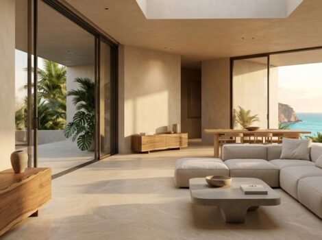 Luxury open-concept living room in Puerto Rico featuring large-format Crema Marfil T Honed Marble Tile flooring.