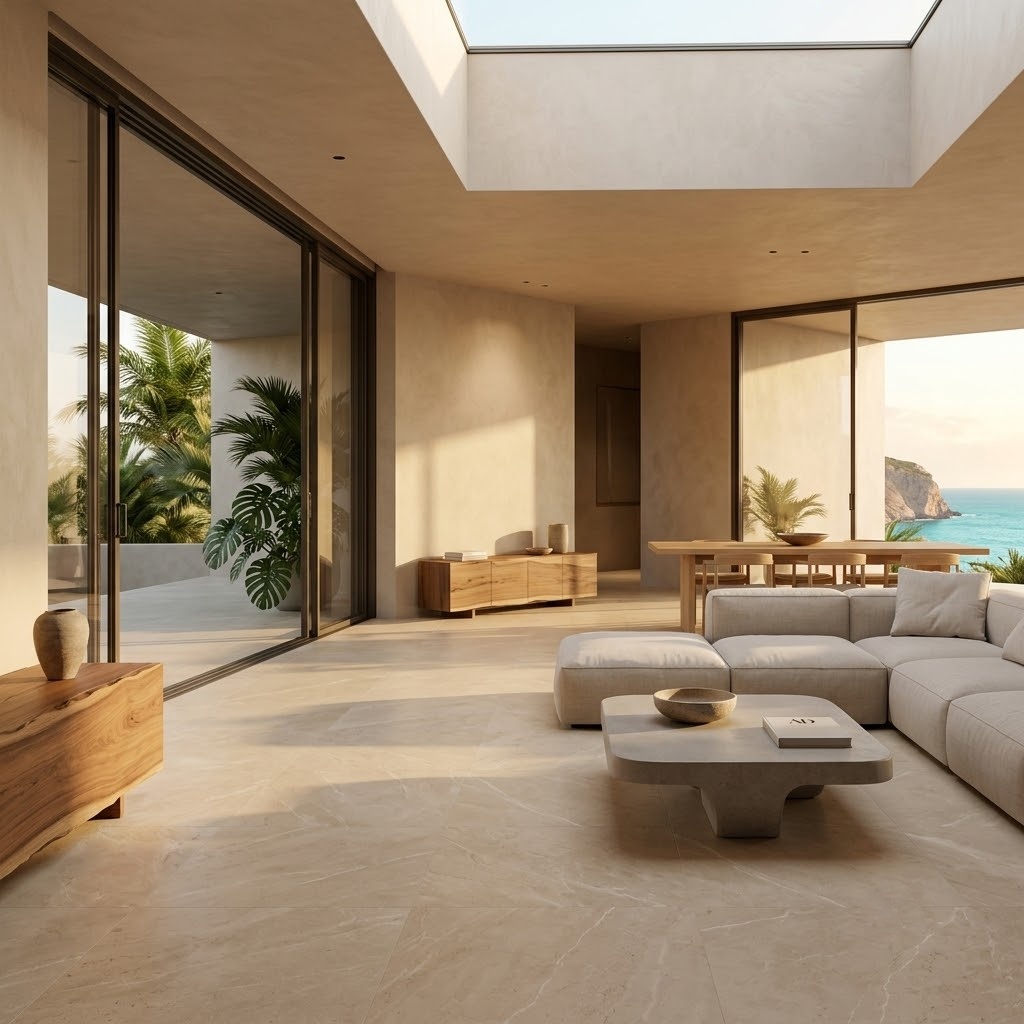 Luxury open-concept living room in Puerto Rico featuring large-format Crema Marfil T Honed Marble Tile flooring.