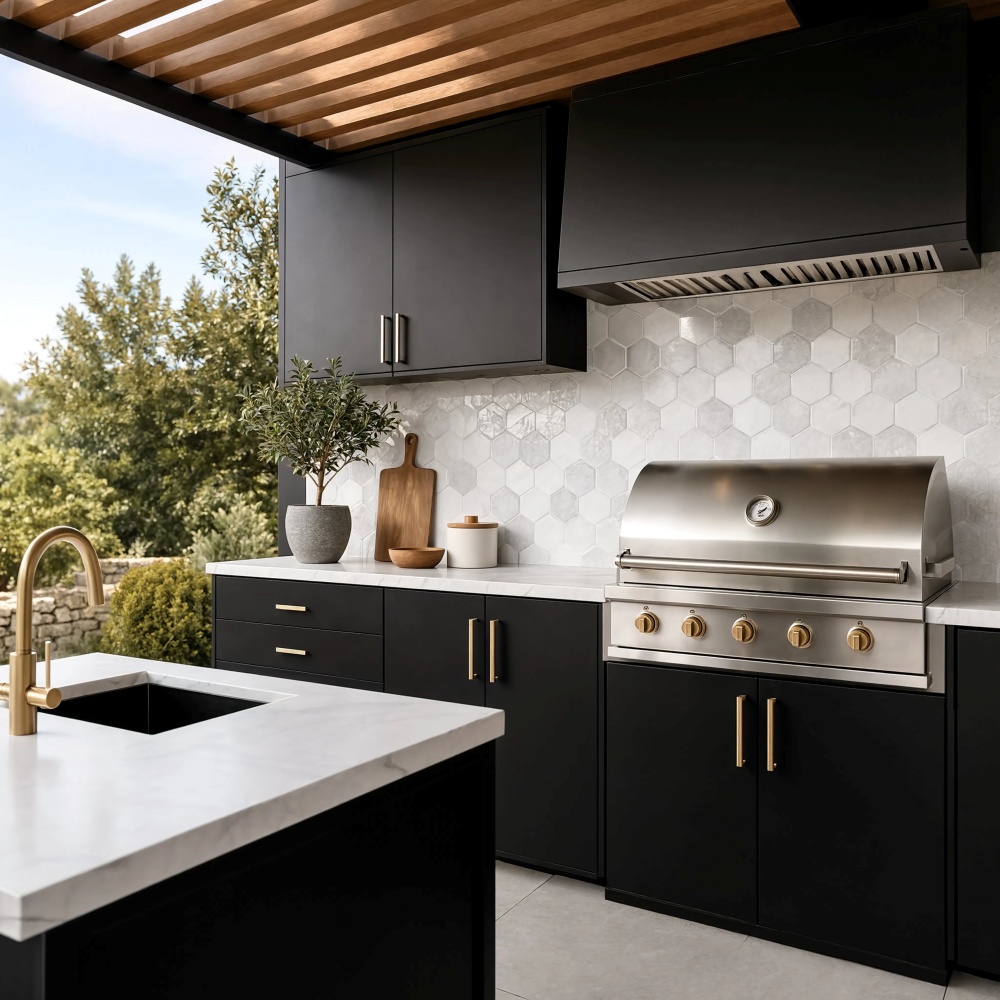 Anaheim outdoor kitchen design with black cabinets and white hexagon mosaic tiles.