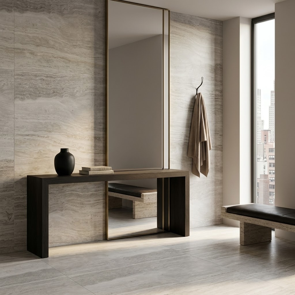 Haisa Light Honed Marble Tile flooring in a luxury New York entryway.
