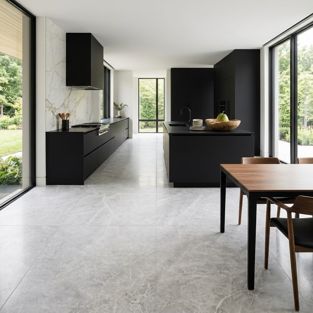 Modern kitchen in Fairfax with matte black cabinets and sleek Iceberg honed marble tile flooring.