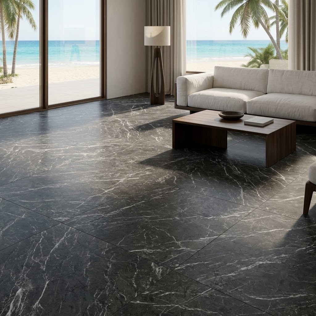 Iris Black Cottage marble tile flooring in a luxury living room overlooking a Pompano Beach.