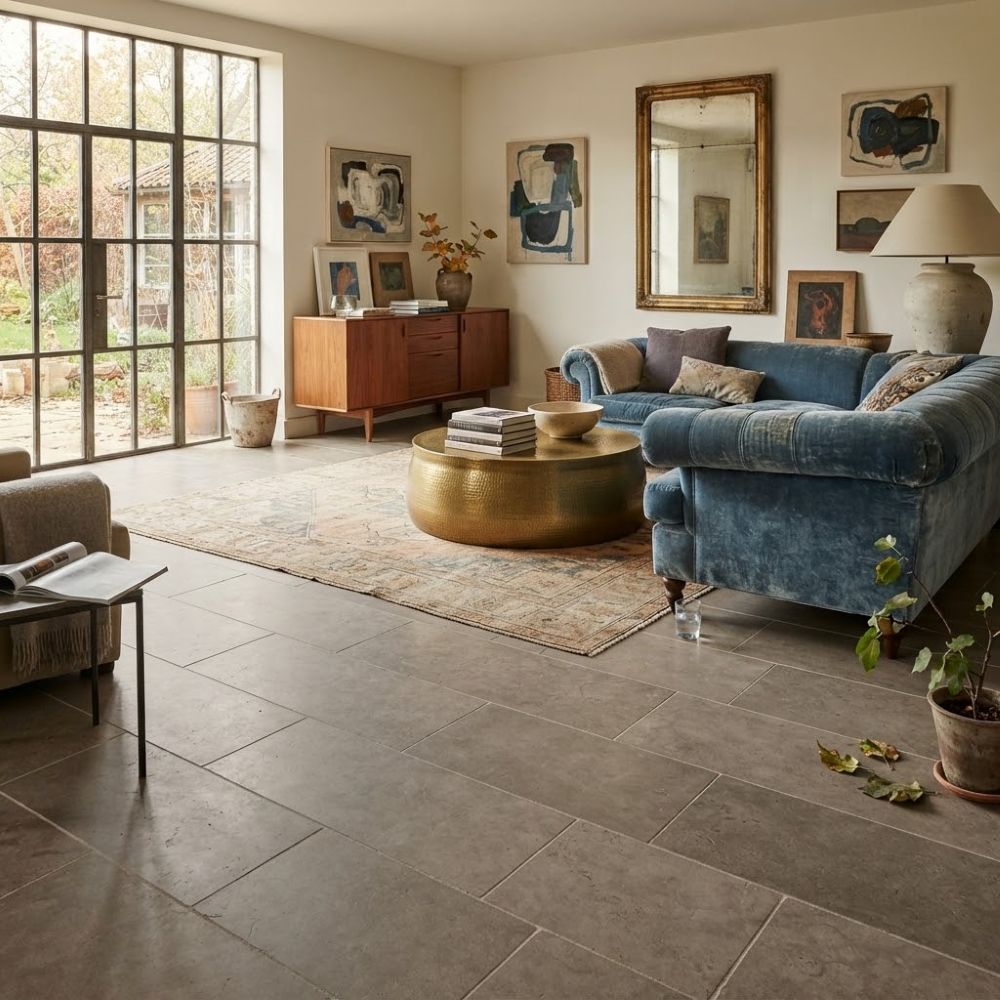 Living room flooring featuring limestone tile.