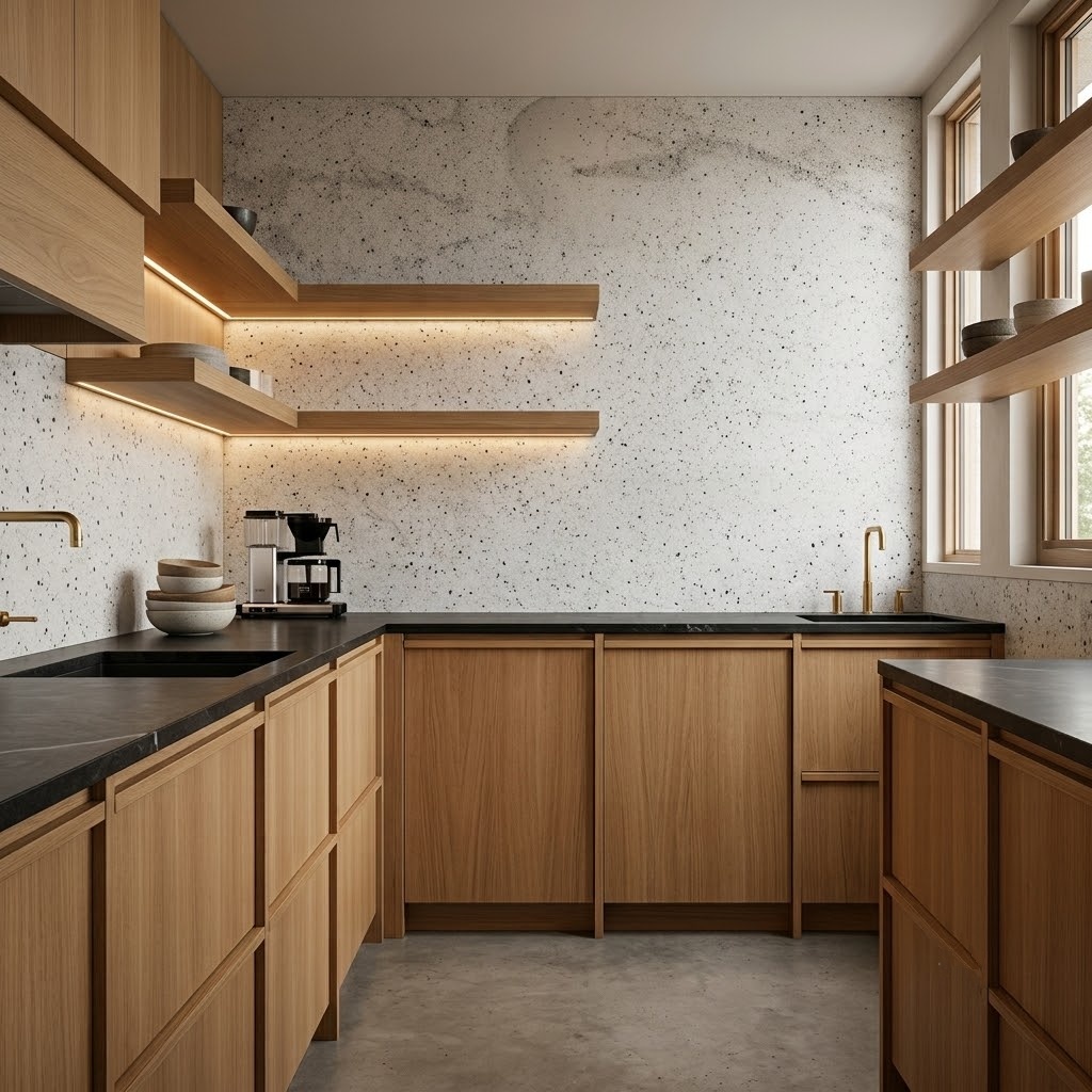 A modern kitchen featuring the Pitaya Multifinish Granite Slab.