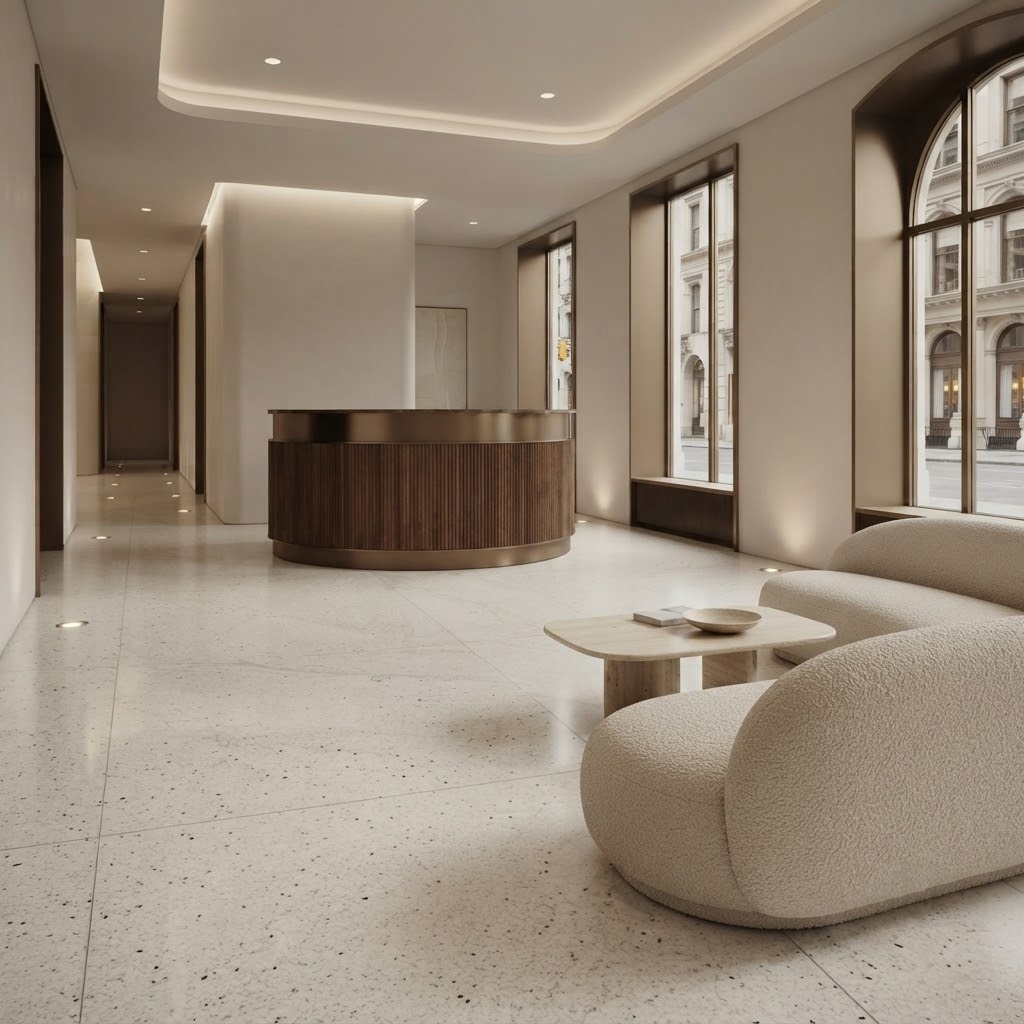 New York natural design lobby featuring Pitaya multifinish granite slab flooring.