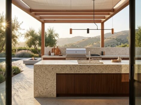 Modern outdoor kitchen in Puerto Rico featuring a kitchen island and backsplash surfaced with Pitaya Multifinish Granite Slab.