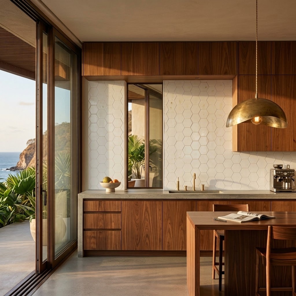 Modern kitchen in Puerto Rico featuring a white hexagon tile backsplash using Royal White Glossy Hexagon Ceramic Tile.