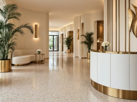 Polished Salina terrazzo tile flooring in a luxury Miami commercial lobby