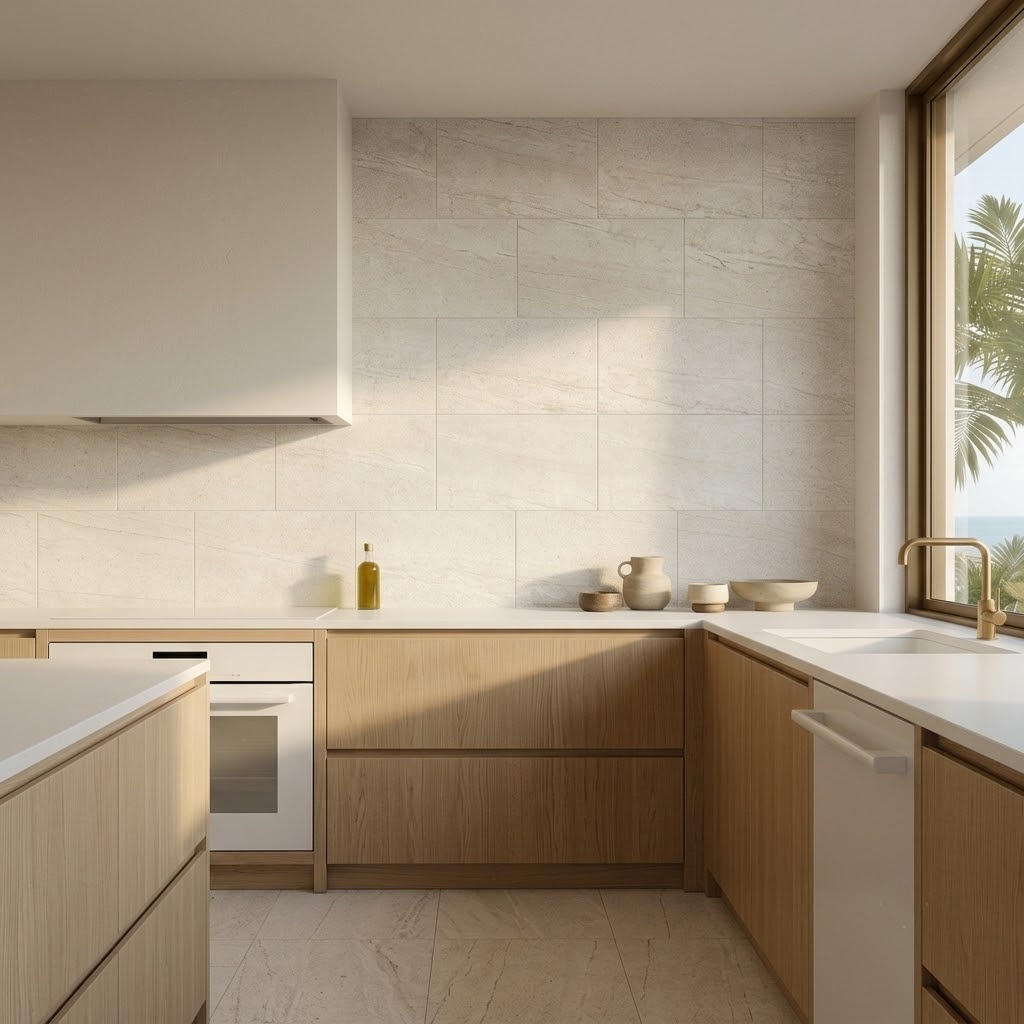 Snow Matte porcelain tile backsplash in a modern kitchen design in Pompano Beach.