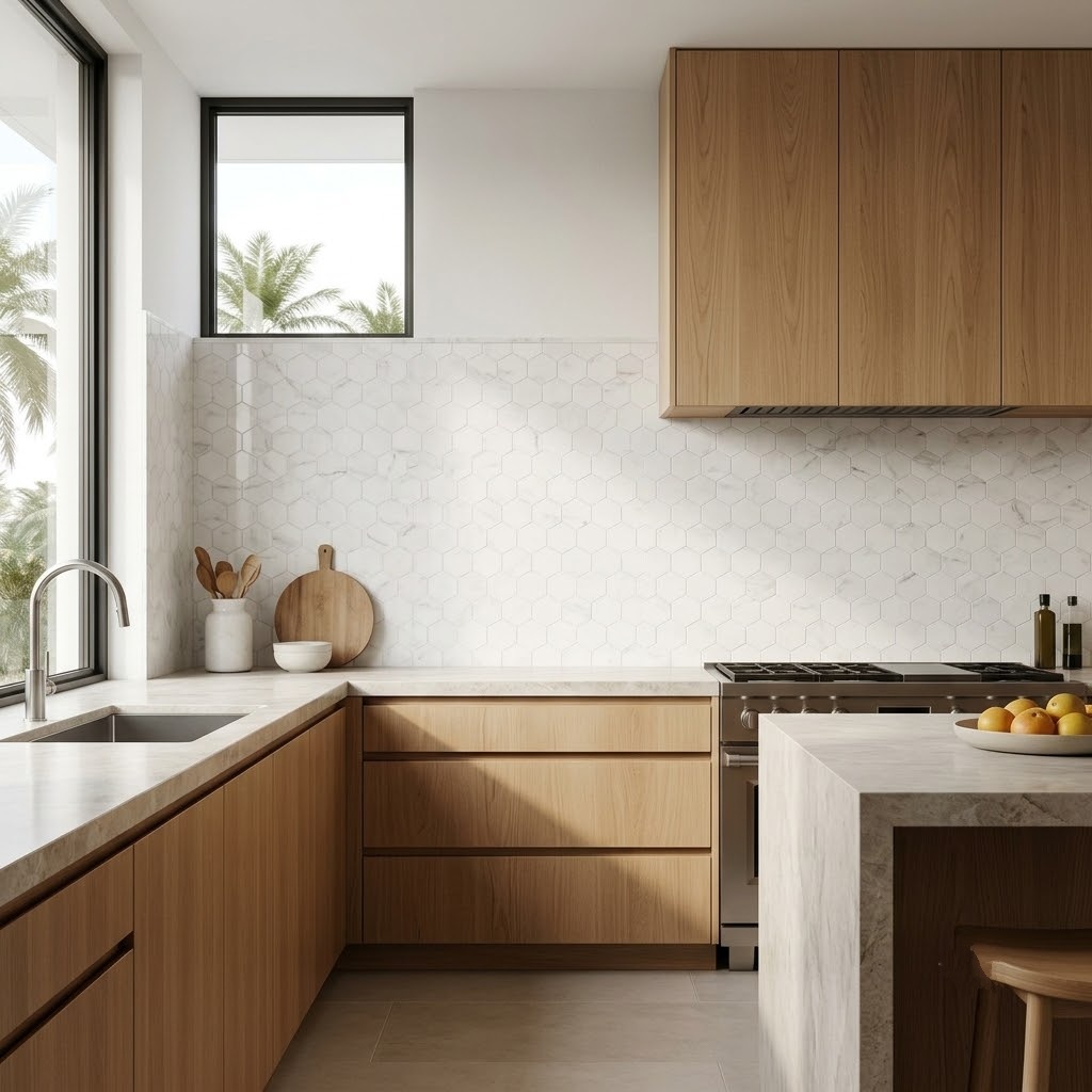 Snow White Polished Hexagon Marble Mosaic tiles used as a kitchen backsplash in a Pompano Beach home.