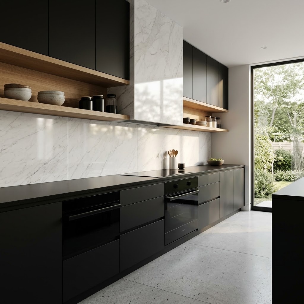 Modern kitchen in Fairfax with sleek matte black cabinets, wood shelving, and a stunning Snow White polished marble tile backsplash.