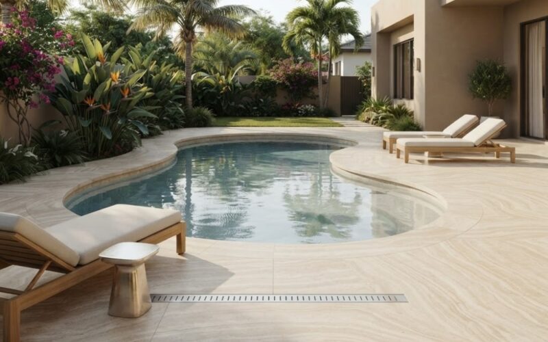 Travertino Classico honed travertine pavers surrounding a curvy pool deck in Pompano Beach.