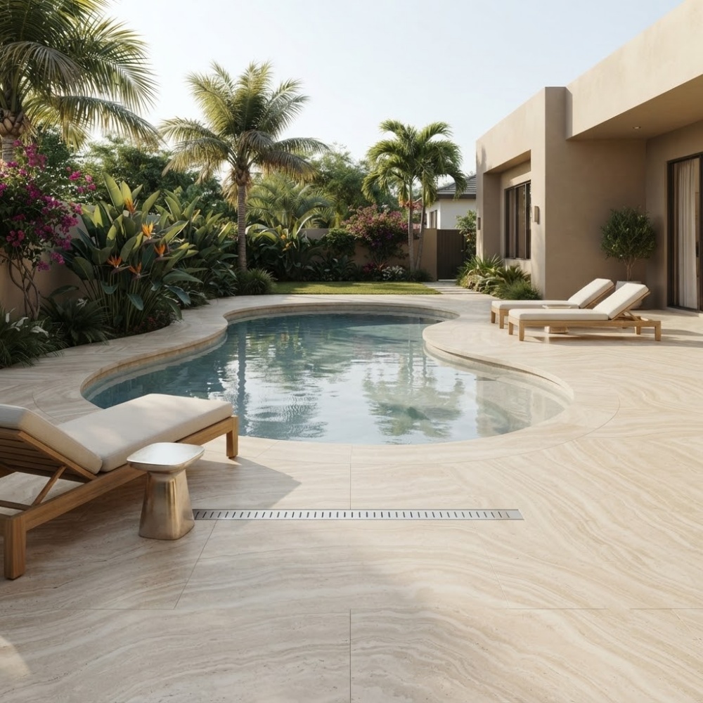 Travertino Classico honed travertine pavers surrounding a curvy pool deck in Pompano Beach.