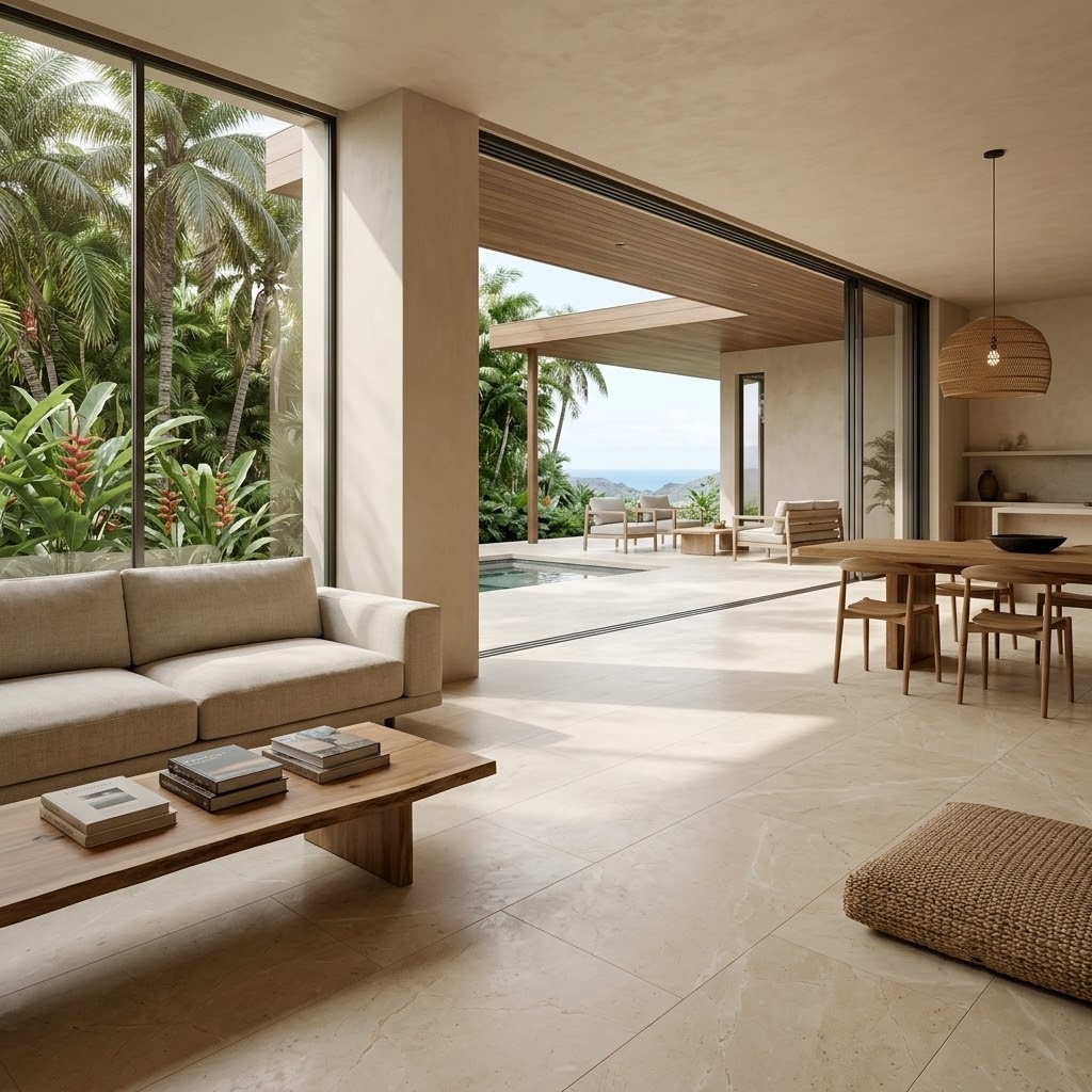 Modern Puerto Rico interior design featuring Vanilla Classic Honed Marble Tile.