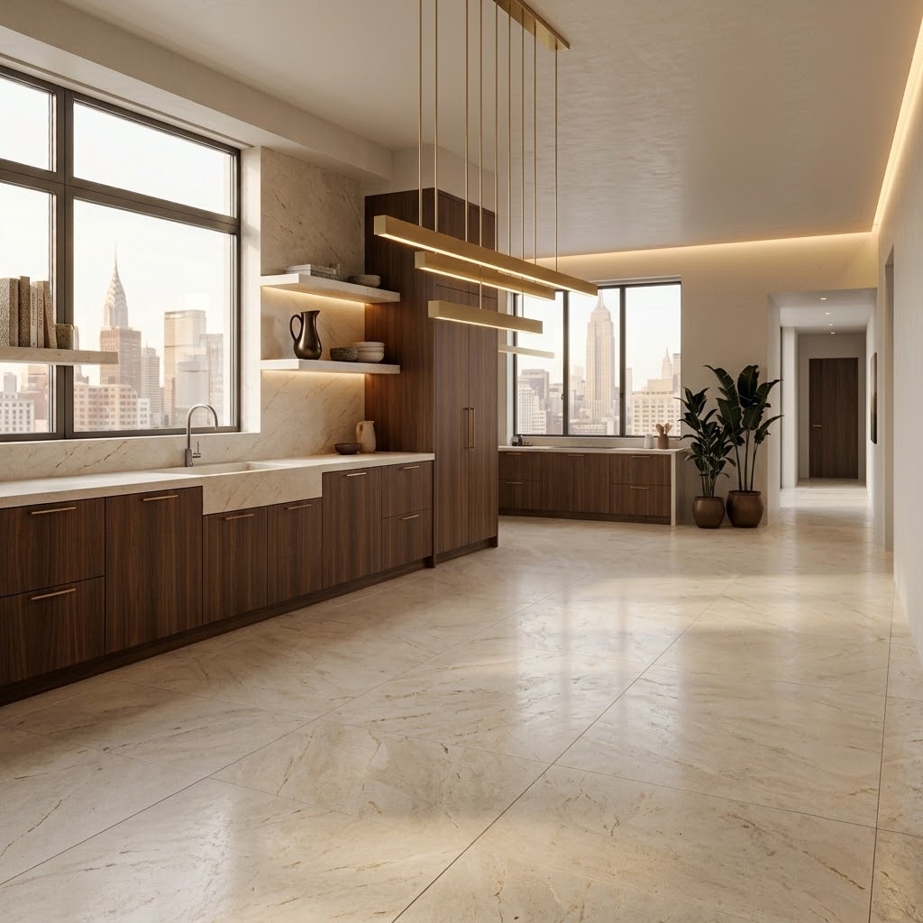 Luxury New York apartment kitchen featuring Vanilla Classic Honed Marble Tile flooring.