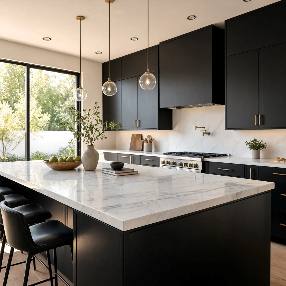 Anaheim kitchen design with black cabinets and a white marble slab backsplash.