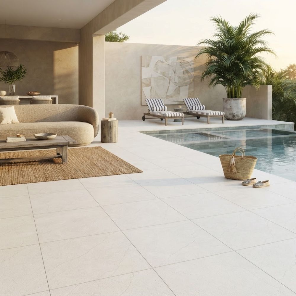 White textured porcelain pavers and pool deck