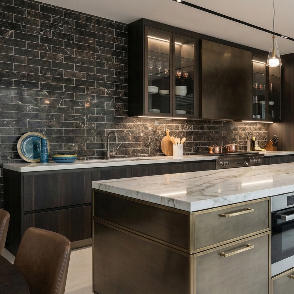 A sophisticated kitchen with dark Belgium bluestone subway tiles on the backsplash, dark wood cabinets, a white marble island, and brass hardware.