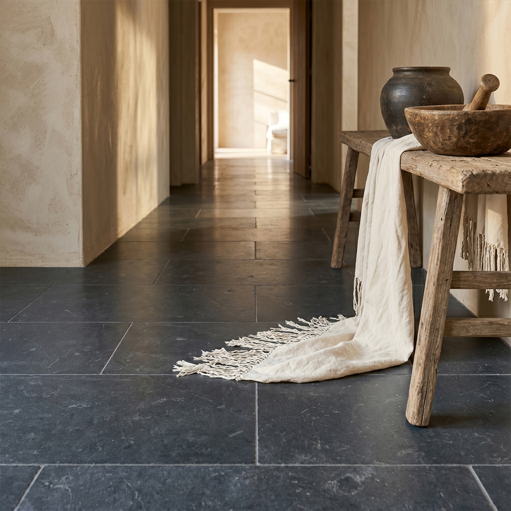 A rustic-chic hallway featuring large format, honed Belgium bluestone floor tiles, a vintage wooden bench, a decorative throw, and antique bowls under warm natural light.
