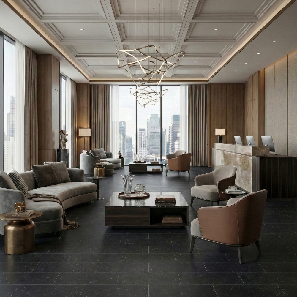 A luxurious reception or lounge area with dark, textured Belgium bluestone floor tiles, walnut cabinetry, large windows, and a sculptural modern chandelier.