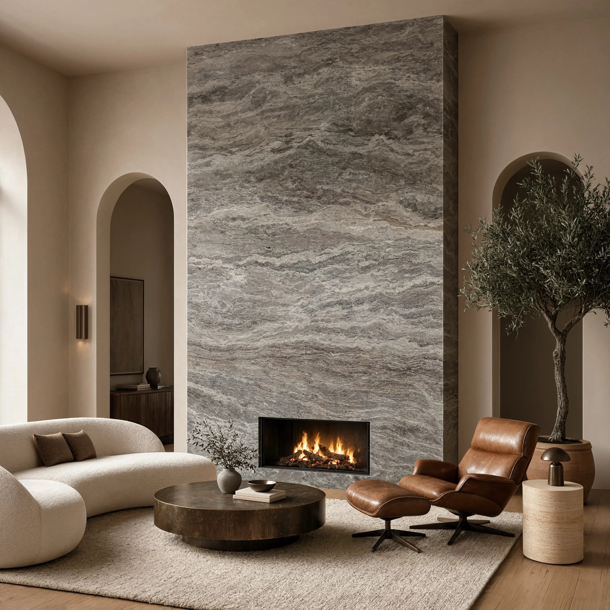 Floor to ceiling fantasy brown marble fireplace surround with horizontal wave like gray and cream veining covering the full wall, lit fireplace with organic modern living room, bouclé curved sofa and leather lounge chair with olive tree accent
