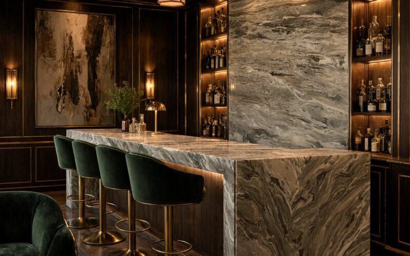 Fantasy brown marble bar countertop with waterfall edge and full back wall fantasy brown marble slab panel in a luxury home bar, green velvet bar stools with brass bases, dark wood paneling with gold trim and backlit bottle shelving