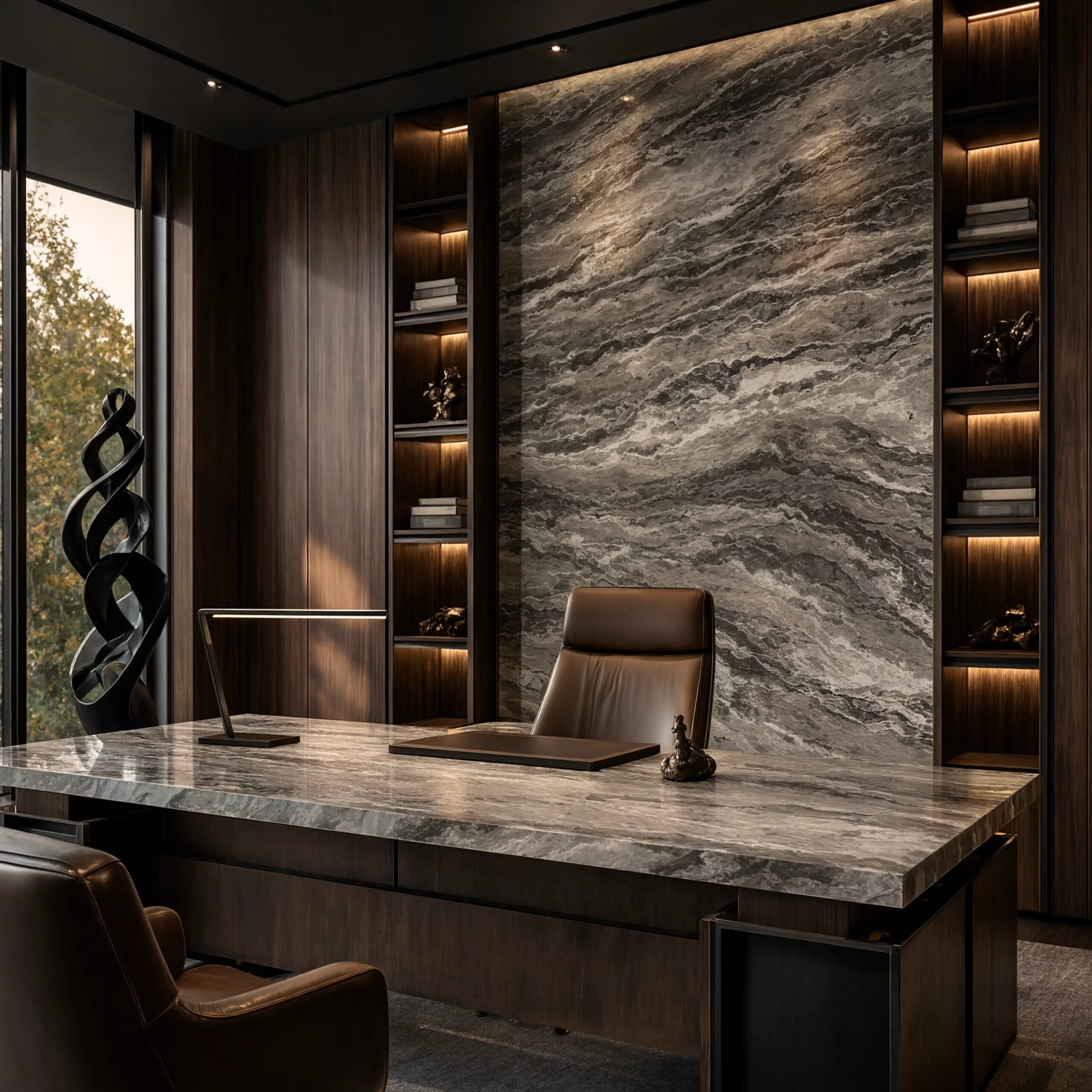 Fantasy brown marble slab accent wall behind a luxury home office desk with matching fantasy brown marble desktop surface, dark walnut wood paneling with integrated backlit shelving, leather executive chair and bronze sculpture