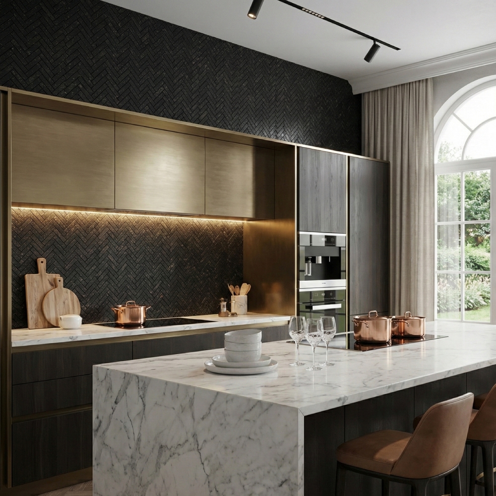 An industrial-chic kitchen featuring a textured Belgium bluestone accent wall, brass or bronze-finished cabinets, and a white marble countertop with copper cookware.