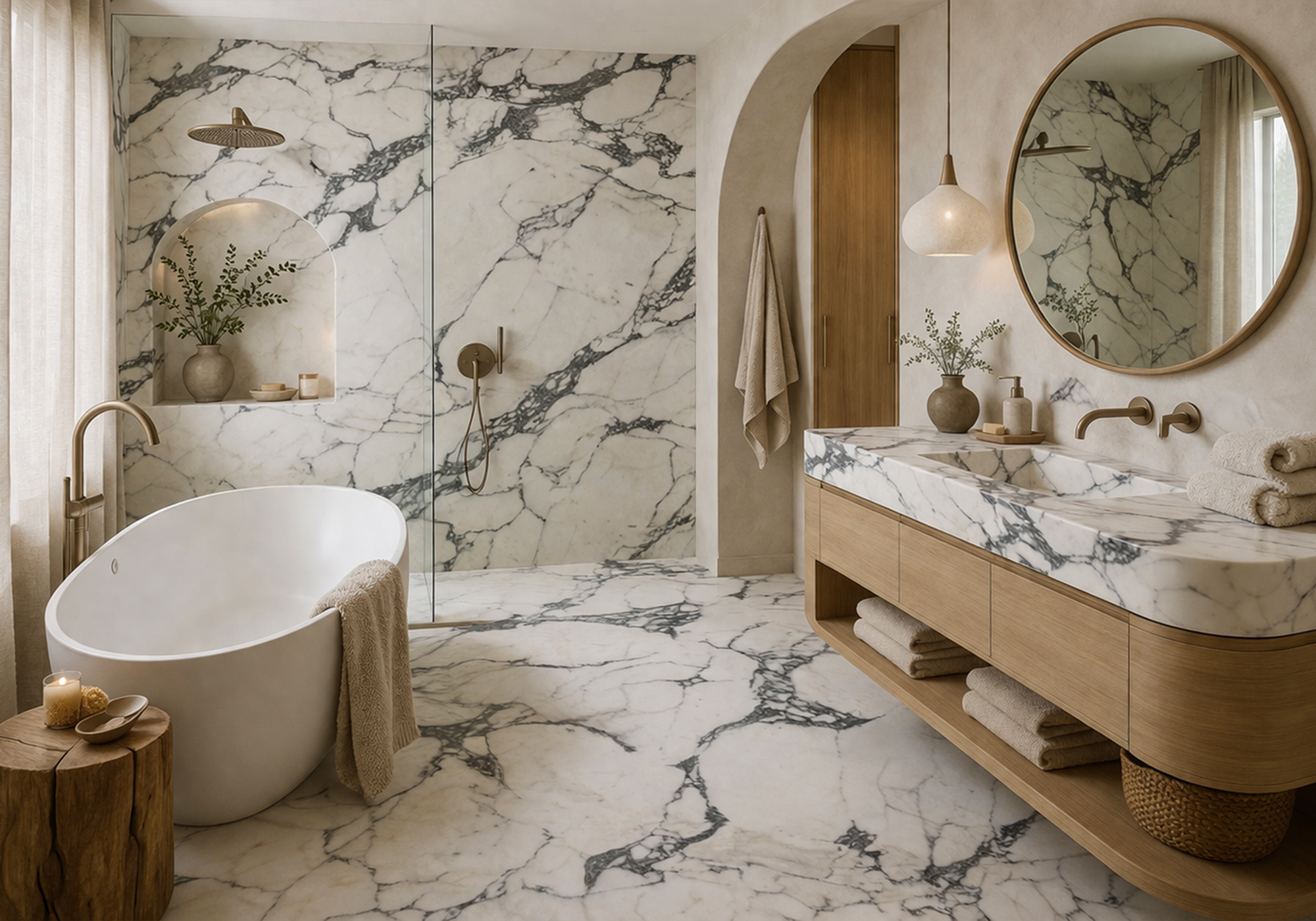 Statuario marble slab bathroom with floor to ceiling wall cladding, matching marble floor and integrated vanity countertop, freestanding soaking tub, brass fixtures and oak vanity cabinet in a luxury primary bathroom