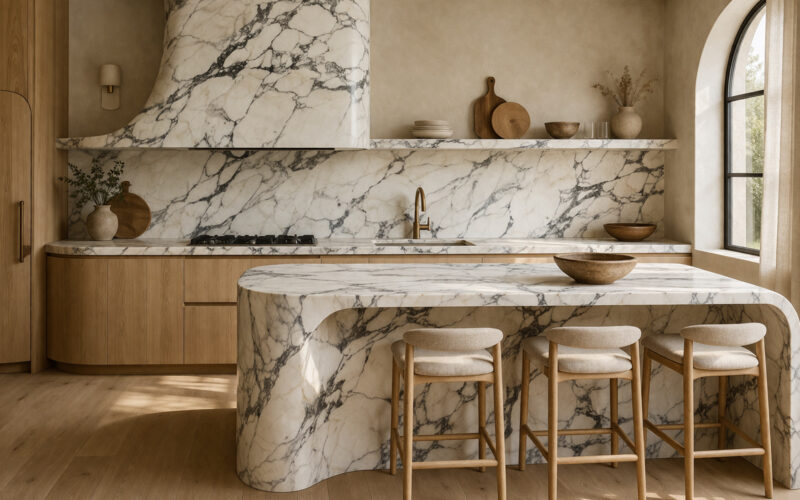 Monolithic statuario marble kitchen island with waterfall edge and bold gray veining, matching statuario marble slab backsplash and range hood cladding, paired with natural oak cabinetry and brass fixtures in an organic modern kitchen