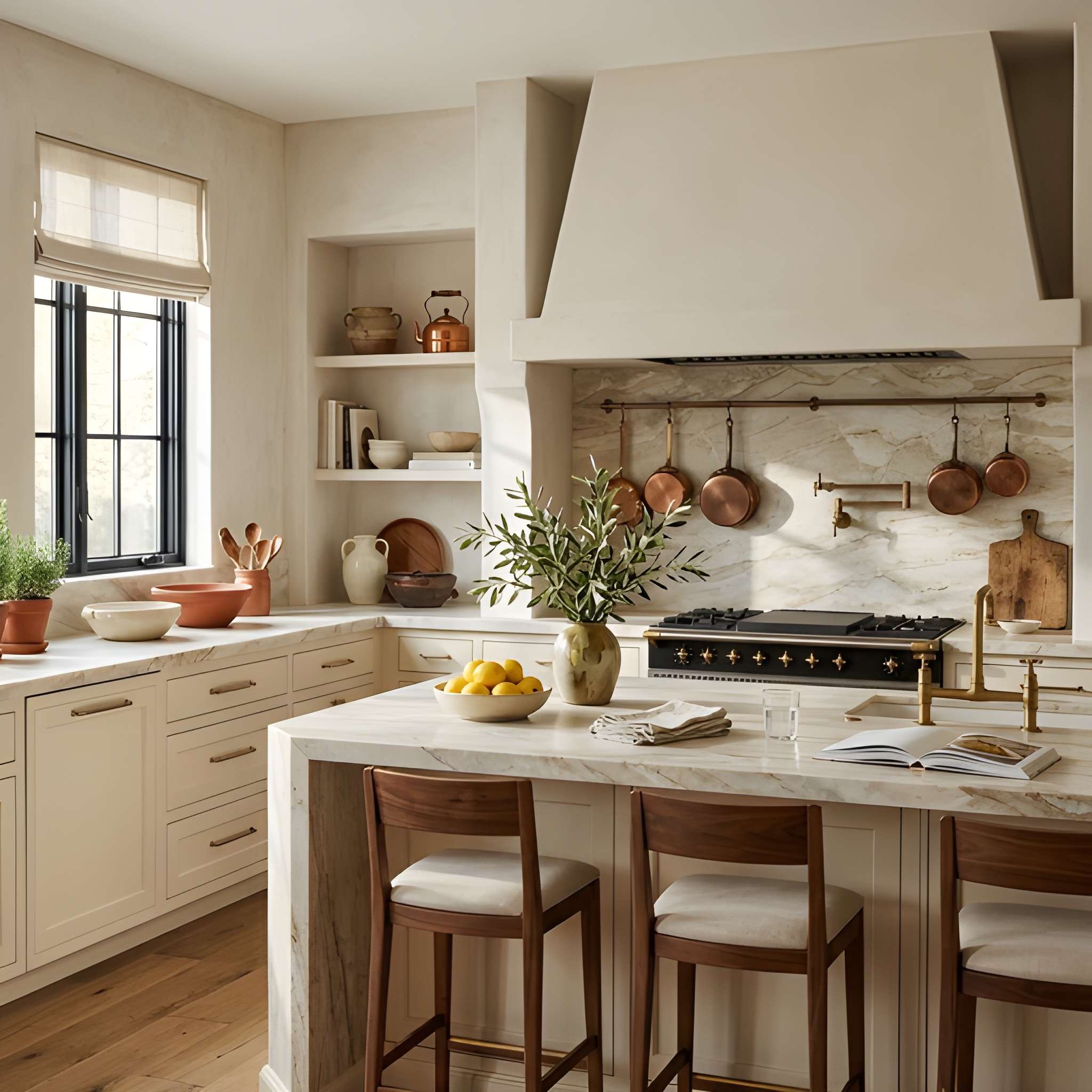 Taj Mahal quartzite countertop and kitchen island in cream white with subtle veining, white shaker cabinetry with brass hardware and copper cookware hanging rail, taj mahal quartzite backsplash slab behind black and brass range in a French farmhouse kitchen