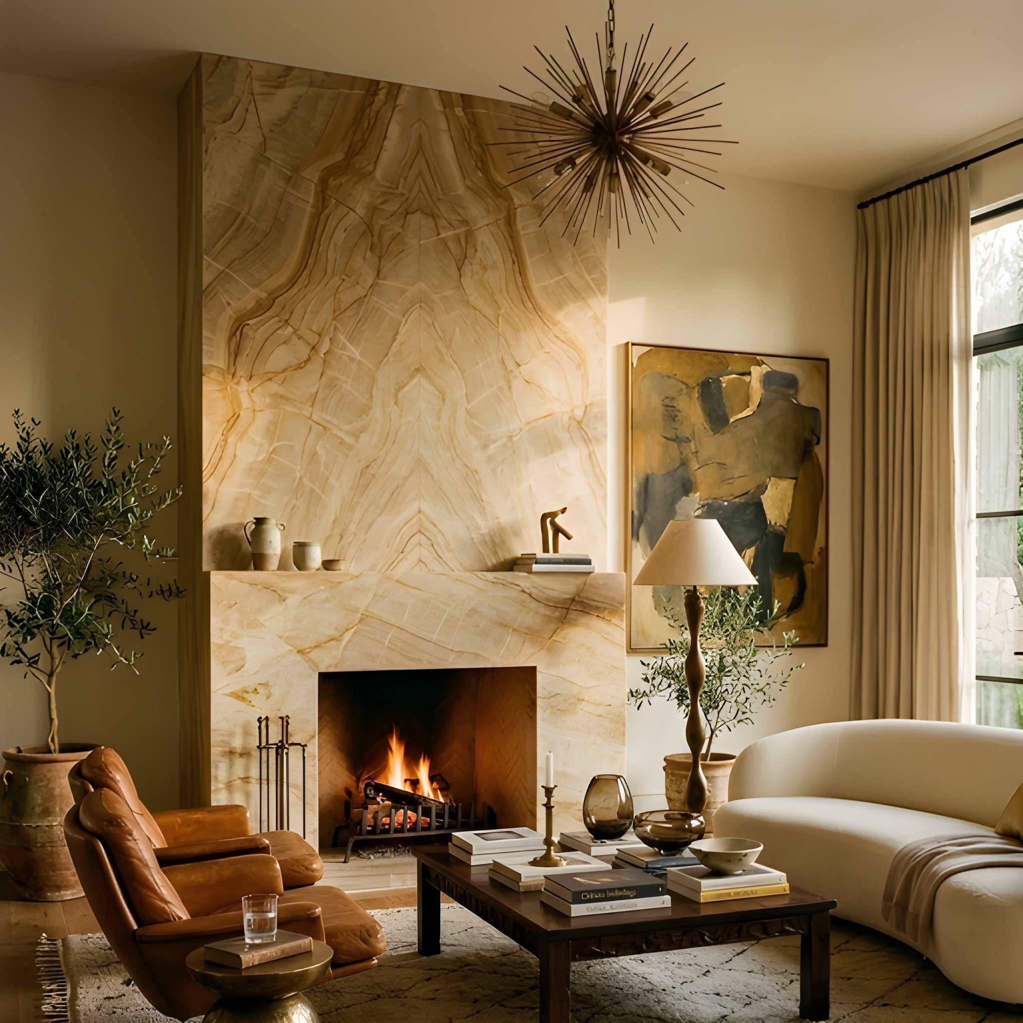 Full height taj mahal quartzite fireplace surround with dramatic warm amber and cream large format slab showing bold natural veining movement, lit fireplace with leather armchair, curved cream sofa and sputnik chandelier in a warm living room