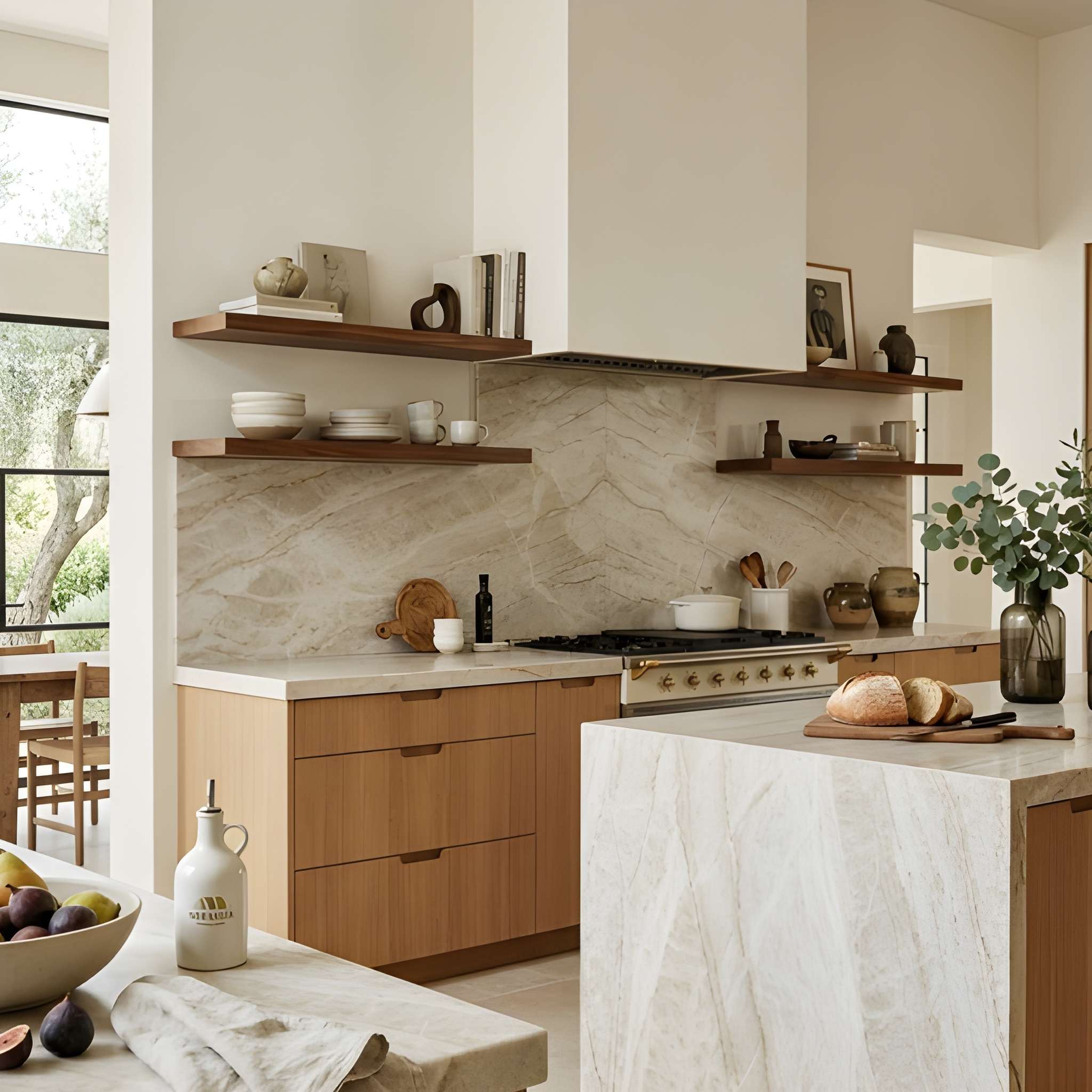 Taj Mahal quartzite waterfall kitchen island with warm cream and amber veining paired with light oak cabinetry, matching taj mahal quartzite slab backsplash behind range with walnut floating shelves and brass fixtures in an organic modern kitchen