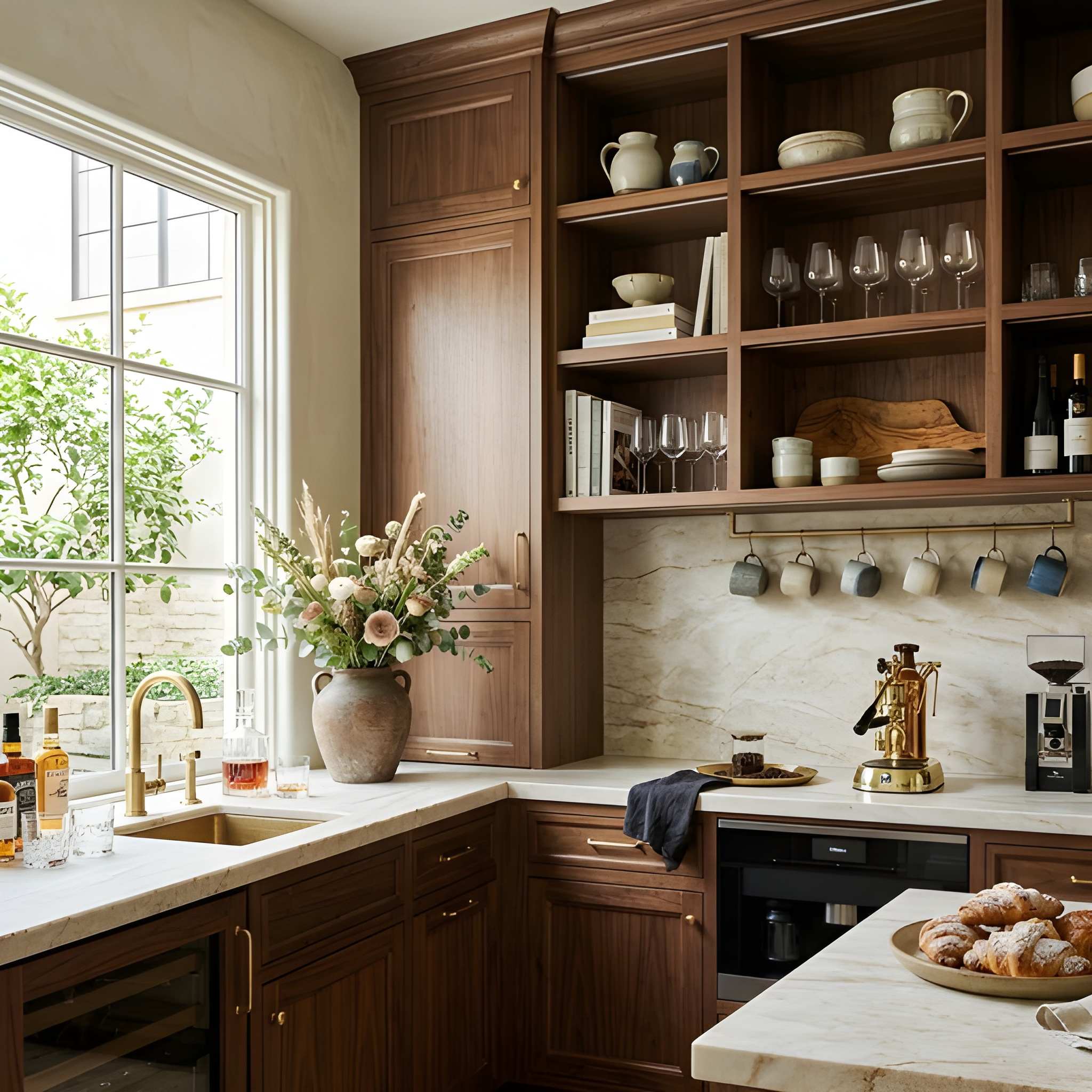 Taj mahal quartzite backsplash slab with flowing warm cream and gold veining behind range, paired with dark walnut cabinetry and brass hardware, showing why taj mahal granite or quartzite distinction matters for kitchen applications