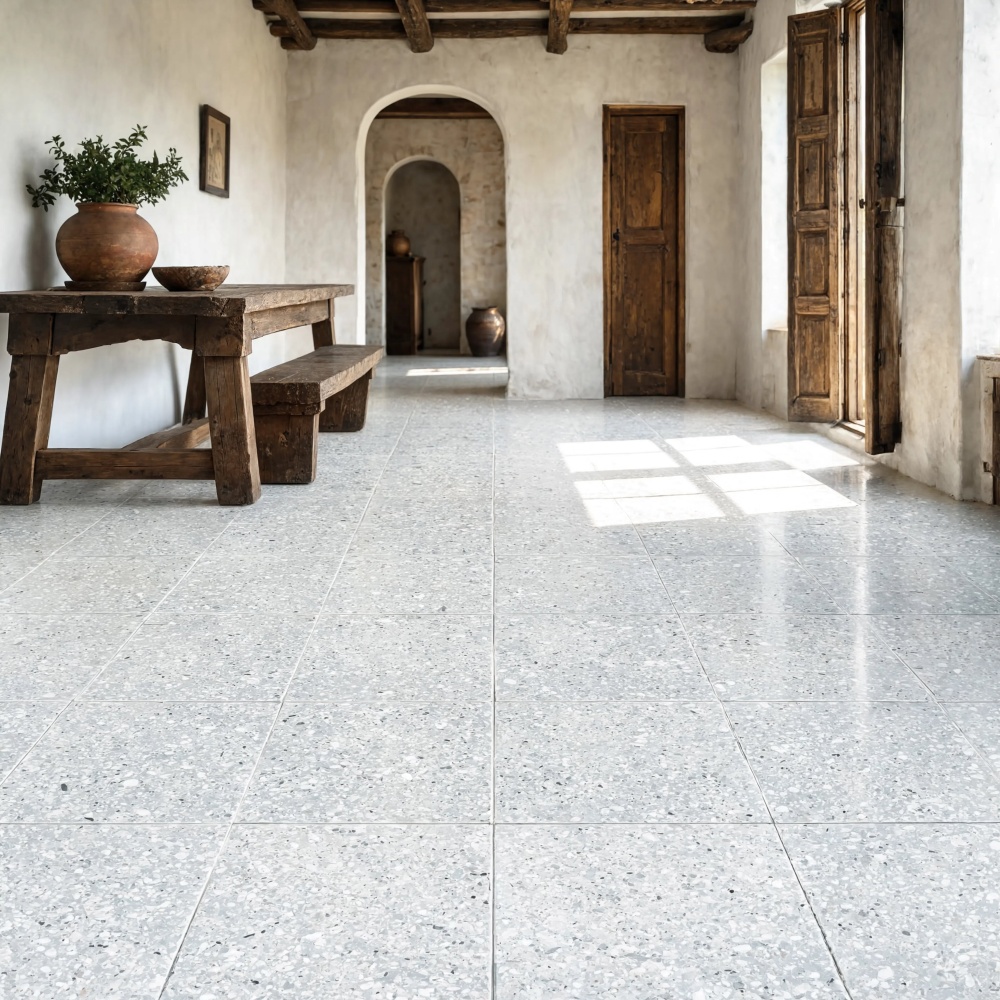 Light grey terrazzo floor tiles installed in a rustic Spanish colonial home in Puerto Rico.