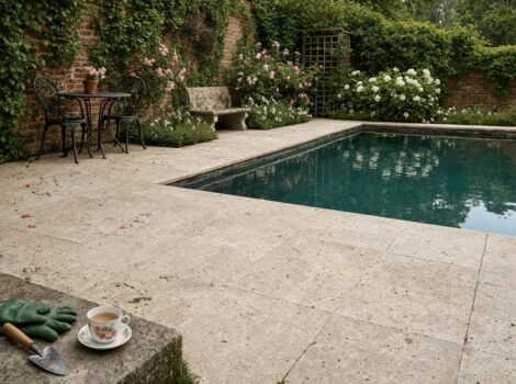 Beige brushed travertine tile pool deck in a luxury outdoor patio setting in Miami.