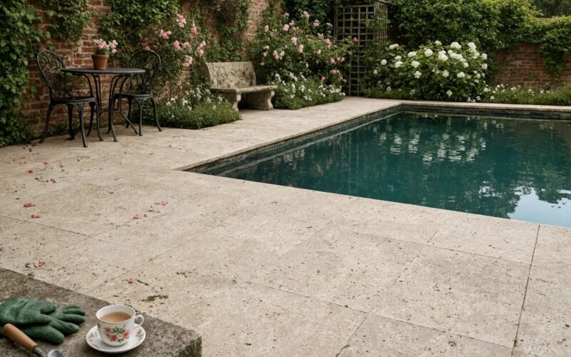 Beige brushed travertine tile pool deck in a luxury outdoor patio setting in Miami.