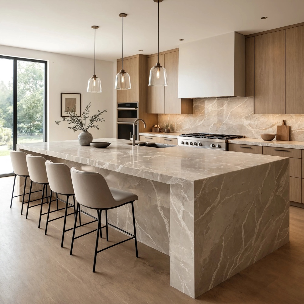 Beige honed quartzite kitchen island slab with waterfall edge in modern Fairfax home.